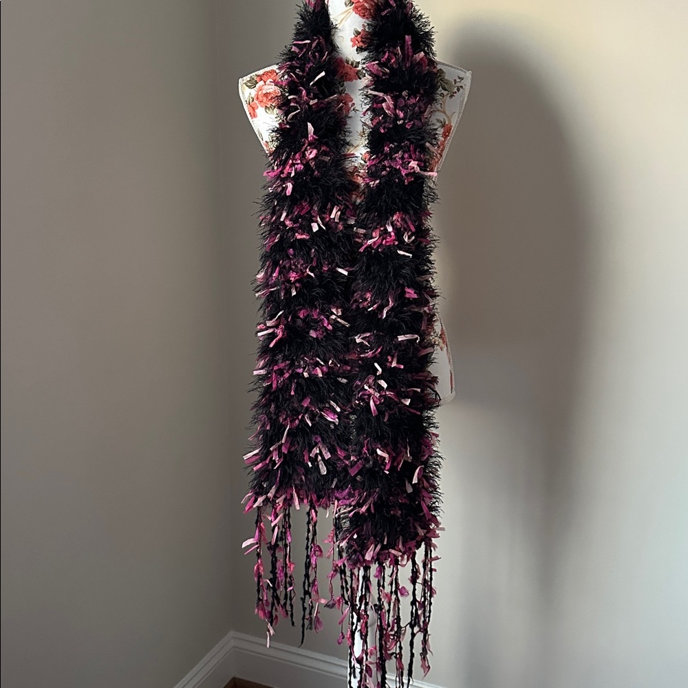 Scarf Handmade Hand Knit Ribbon Eyelash Yarn Long Fringe Black Pink